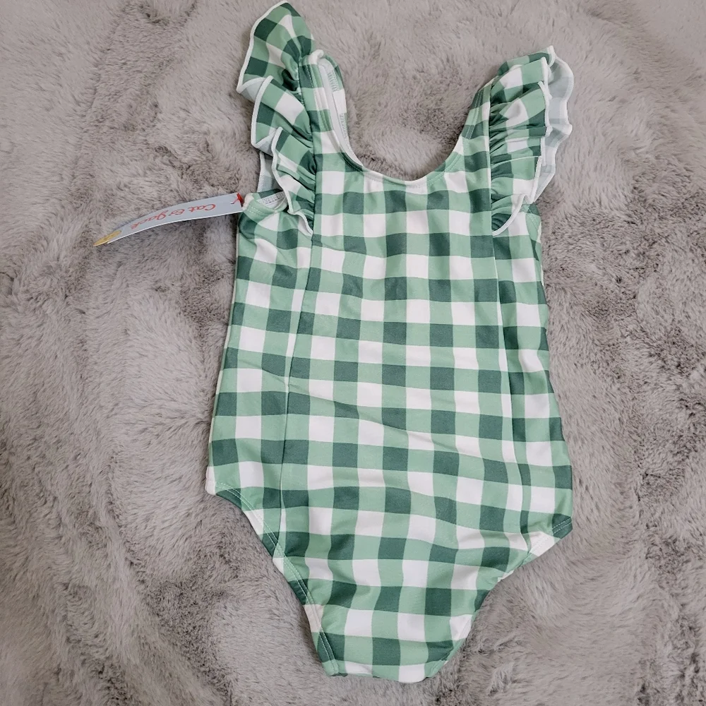 Nwt Cat & Jack Toddler Girls Green and White Gingham Onepiece Swimsuit - Picture 2 of 3